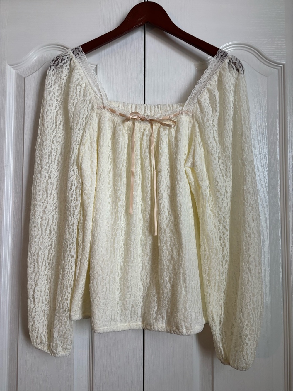 Maurices Cream Lace Peasant Blouse with Ribbon Tie